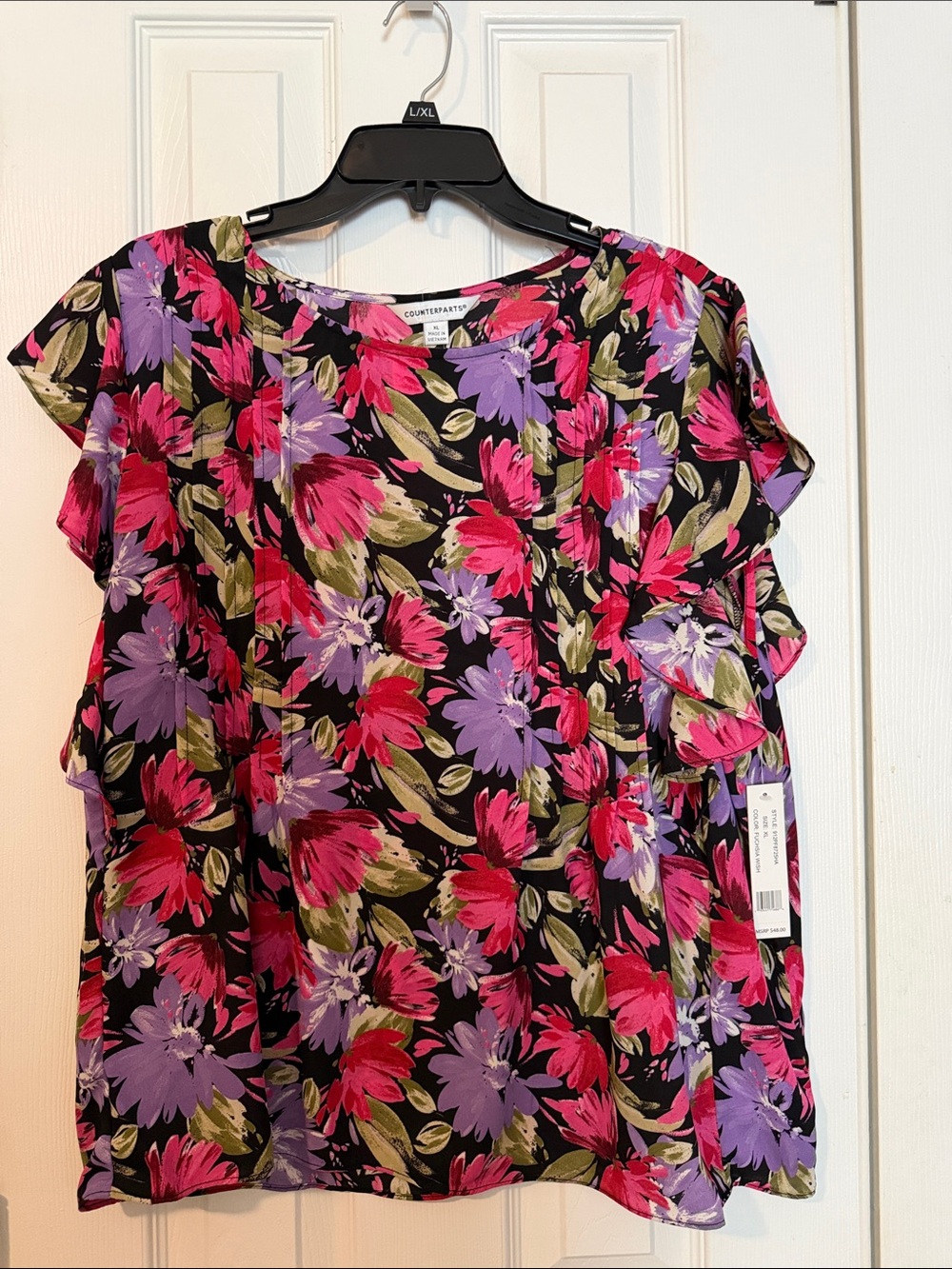 Counterparts Black Floral Flutter Sleeve Blouse - Pink & Purple